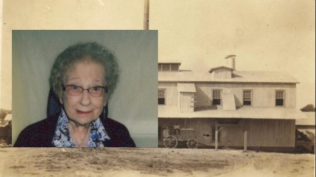 Anita Braun Johnson passed away Oct. 29 in Round Rock. She was born in 1920 in Burton, Texas where the cotton gin building shown in the background was built five years later in 1925. Mrs. Johnson will be dearly missed by her family and loved ones.